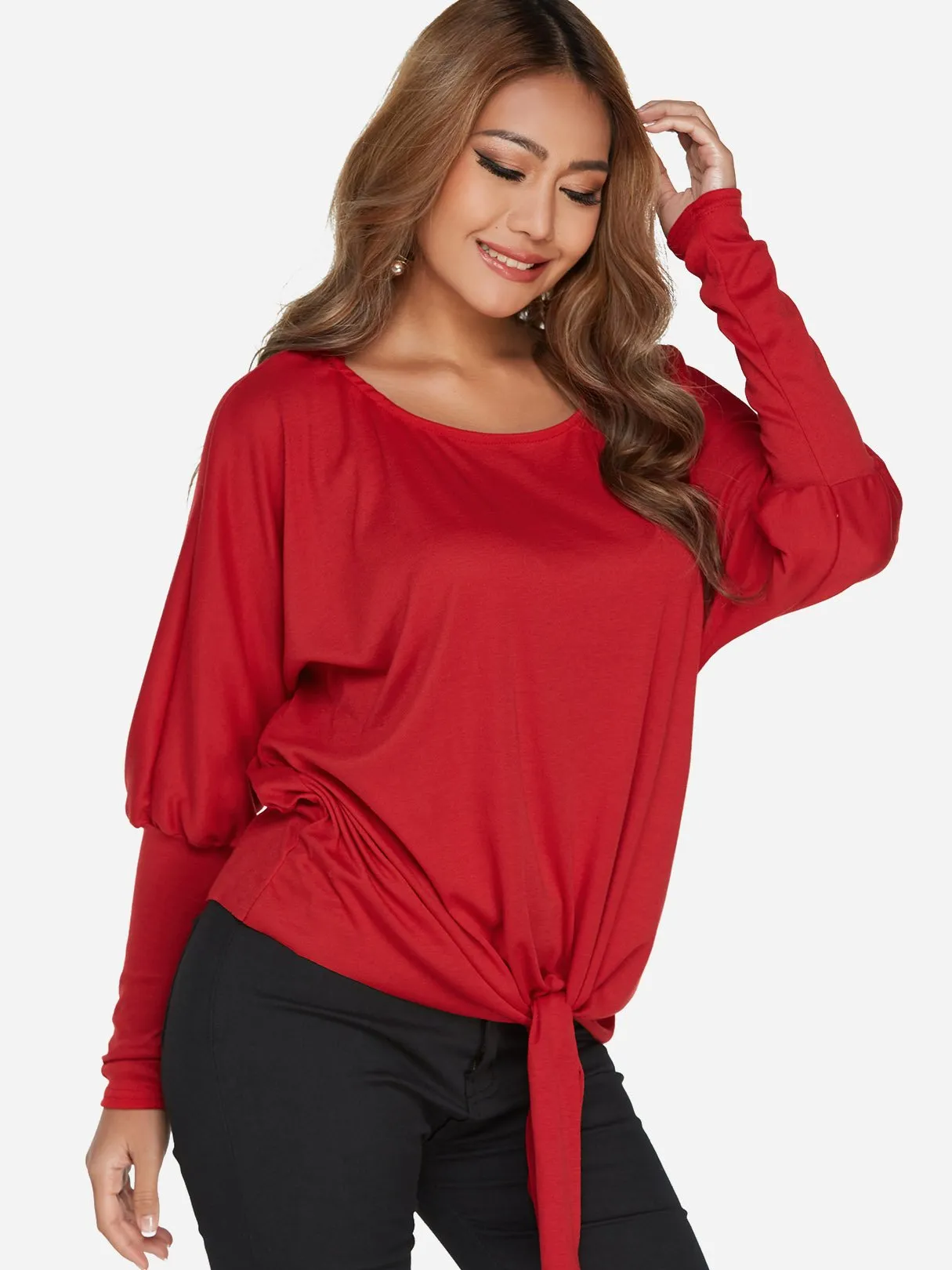 Custom One Shoulder Plain Self-Tie Long Sleeve Top