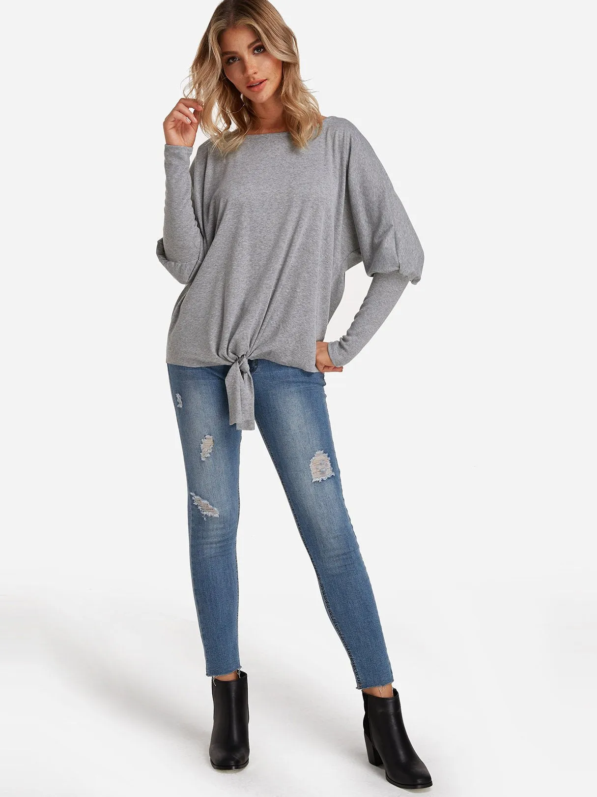 Custom One Shoulder Plain Self-Tie Long Sleeve Top