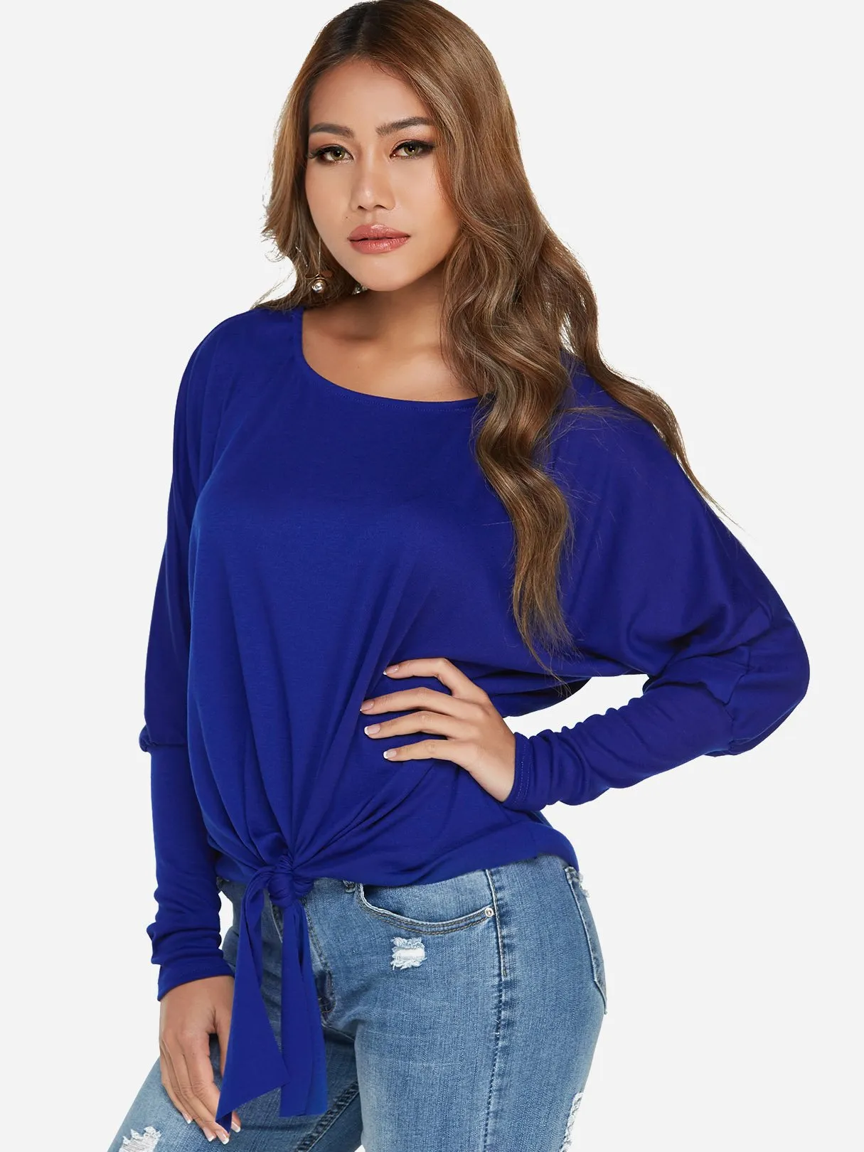 Custom One Shoulder Plain Self-Tie Long Sleeve Top