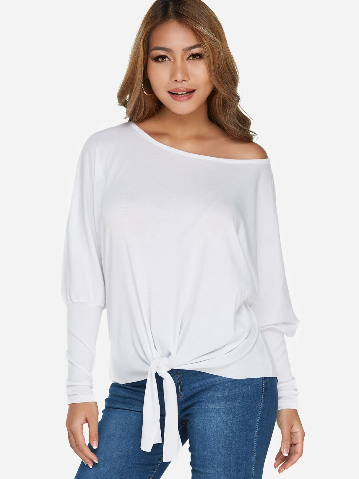 Custom One Shoulder Plain Self-Tie Long Sleeve Top