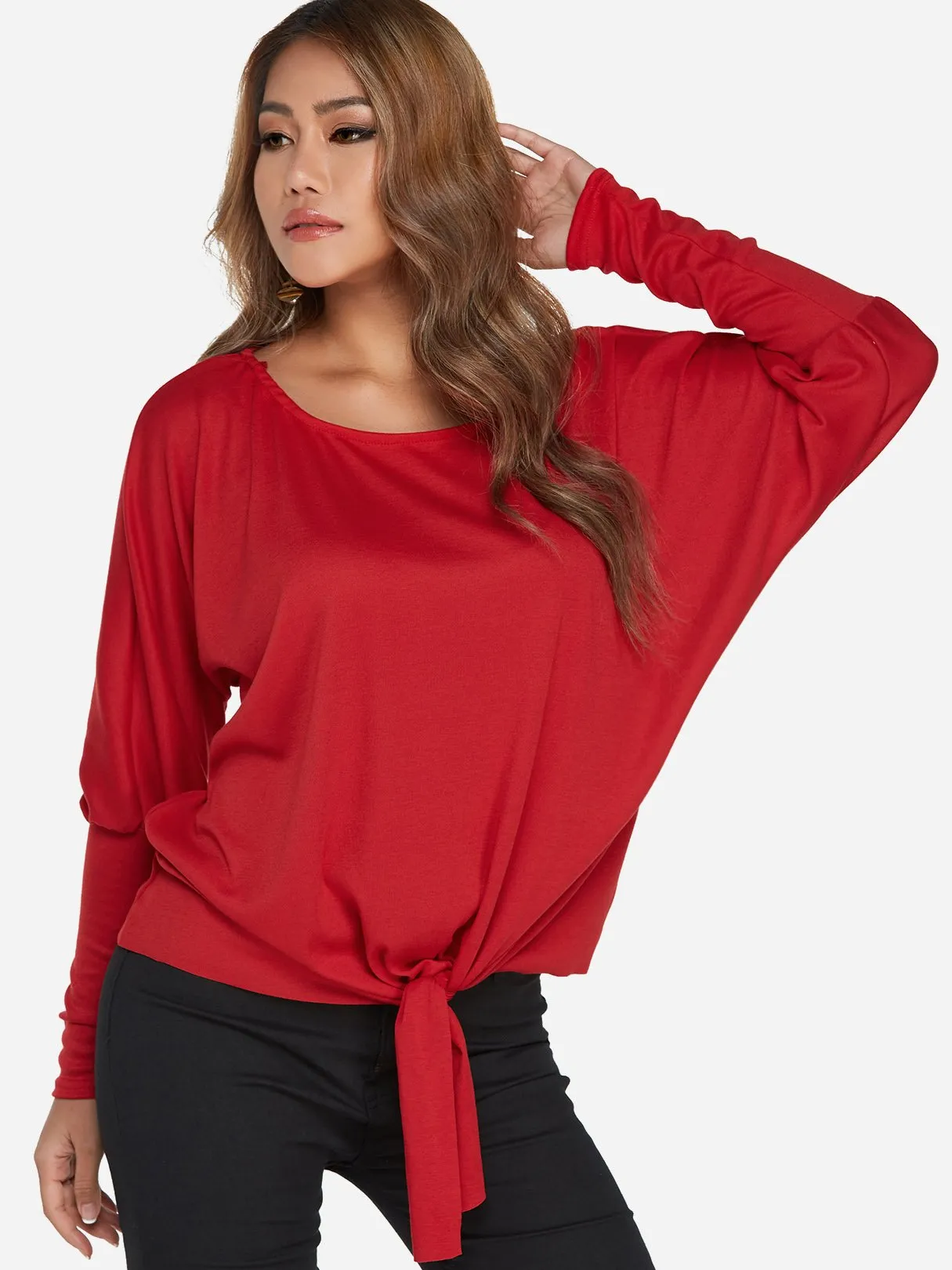 Custom One Shoulder Plain Self-Tie Long Sleeve Top