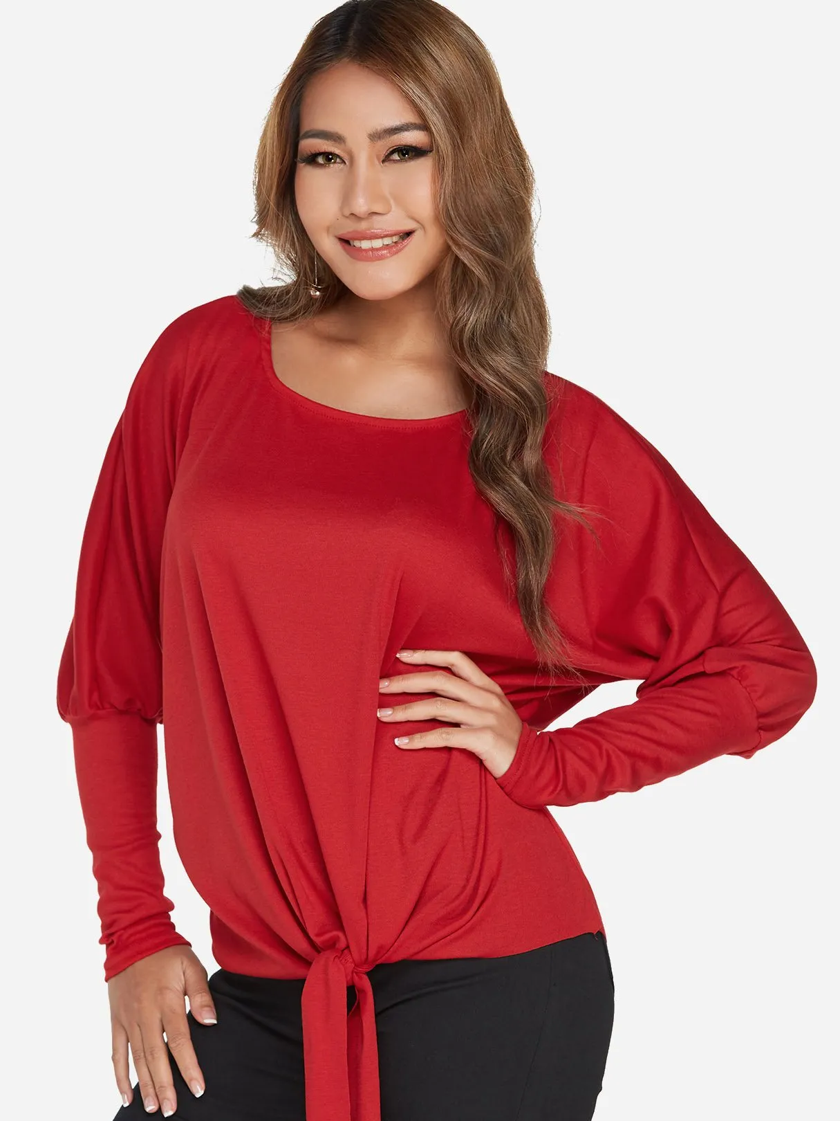 Custom One Shoulder Plain Self-Tie Long Sleeve Top