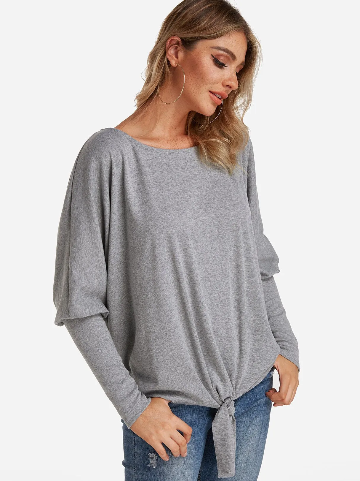 Custom One Shoulder Plain Self-Tie Long Sleeve Top