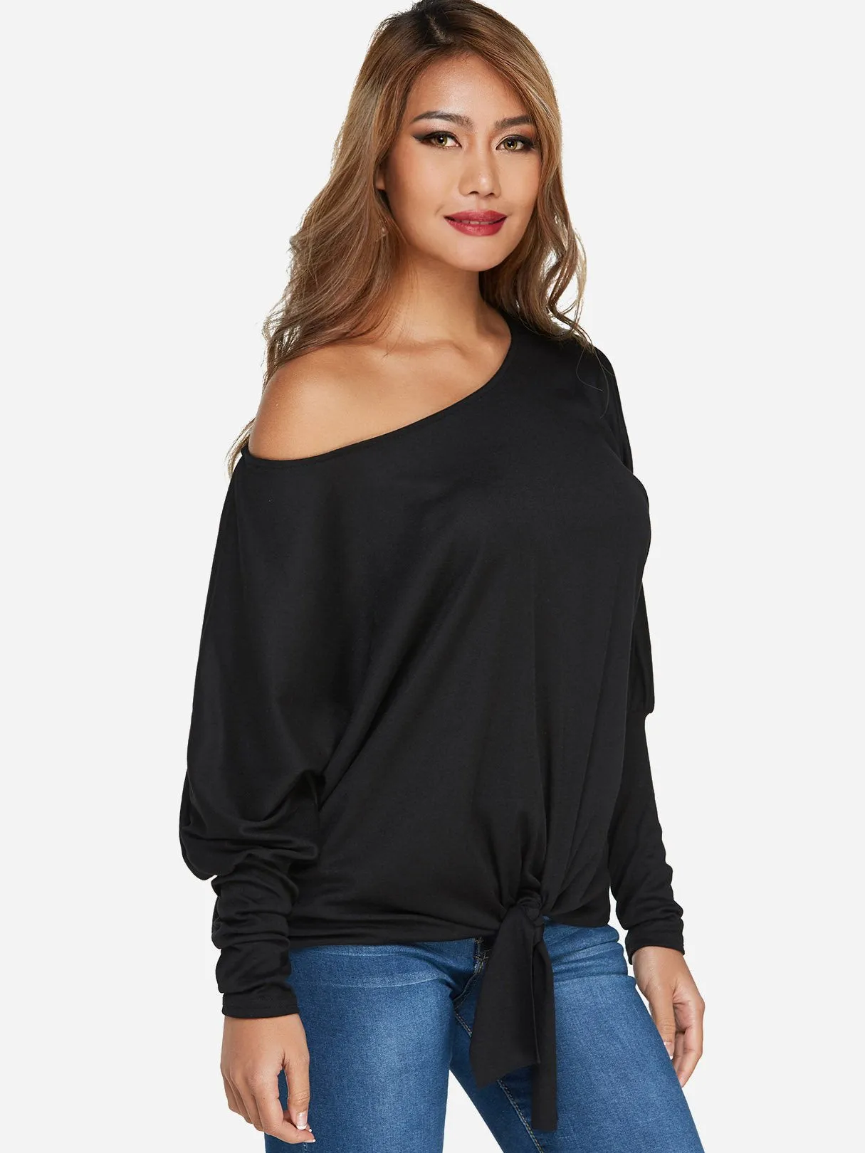 Custom One Shoulder Plain Self-Tie Long Sleeve Top