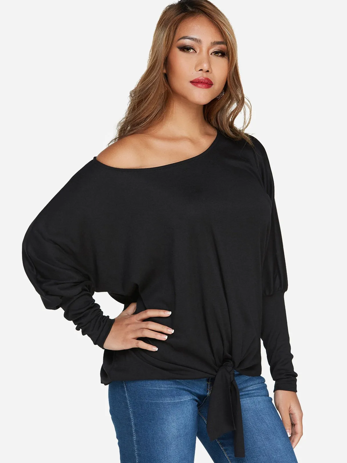 Custom One Shoulder Plain Self-Tie Long Sleeve Top