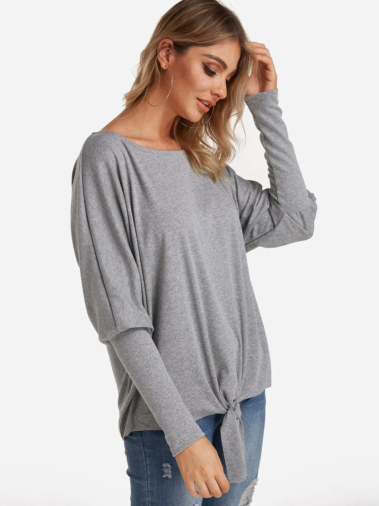 Custom One Shoulder Plain Self-Tie Long Sleeve Top