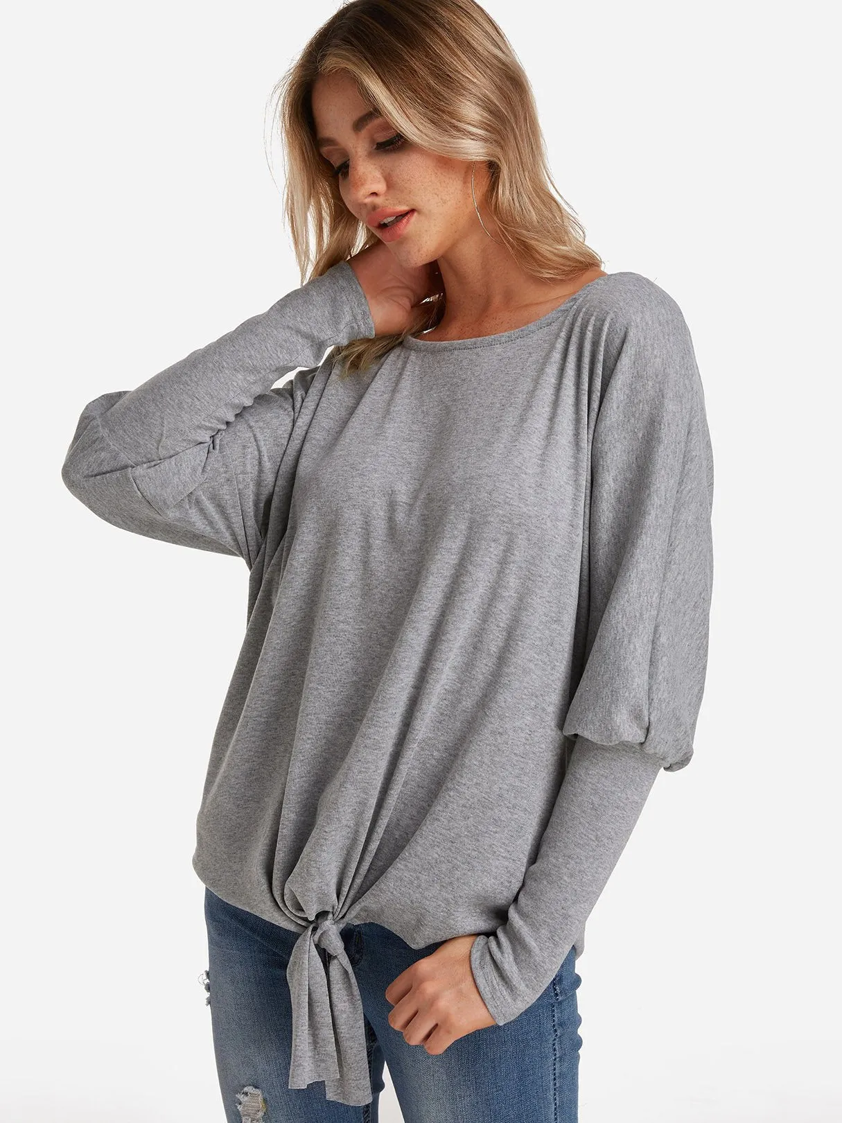 Custom One Shoulder Plain Self-Tie Long Sleeve Top