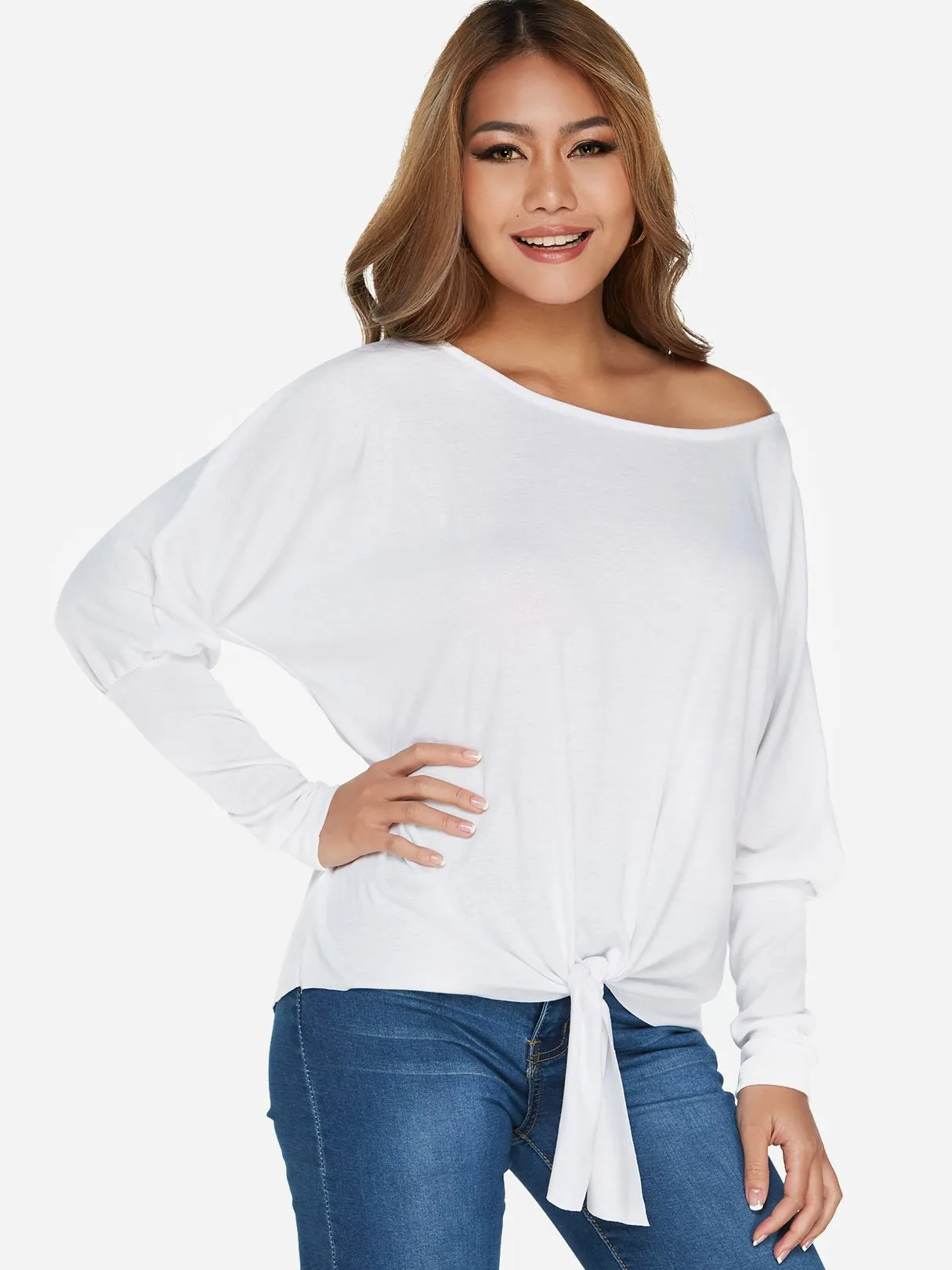 Custom One Shoulder Plain Self-Tie Long Sleeve Top