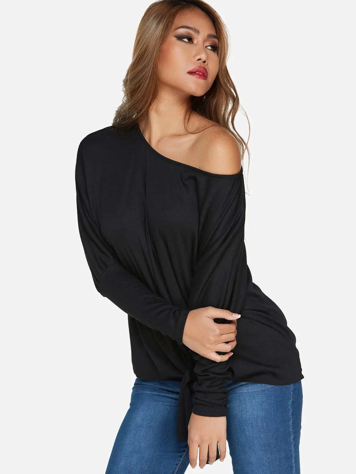 Custom One Shoulder Plain Self-Tie Long Sleeve Top