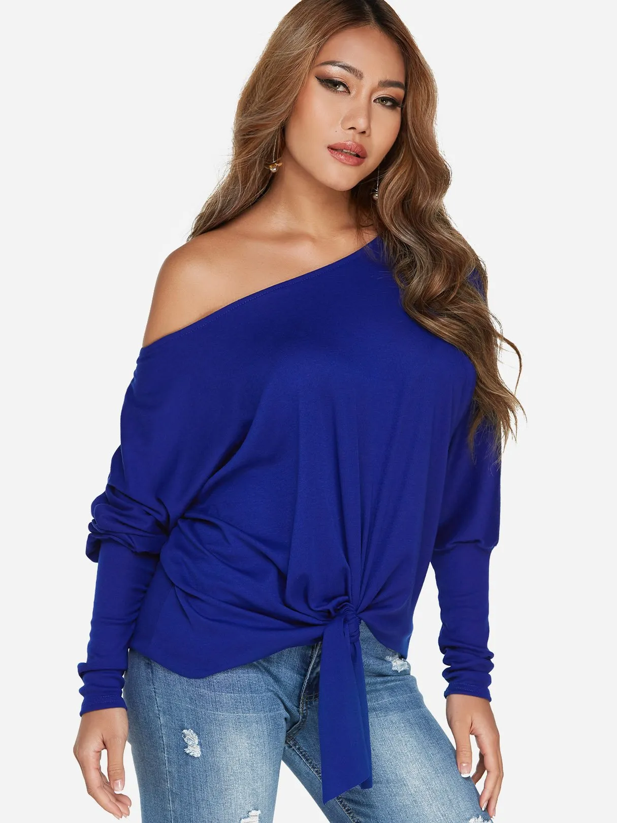 Custom One Shoulder Plain Self-Tie Long Sleeve Top