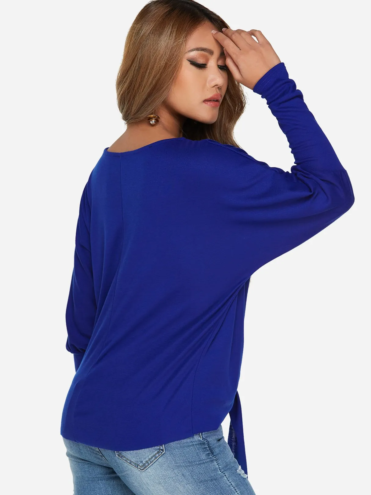 Custom One Shoulder Plain Self-Tie Long Sleeve Top