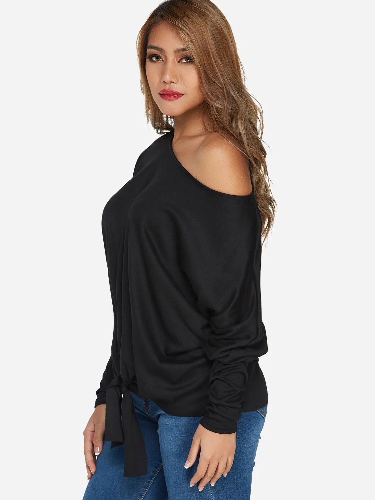 Custom One Shoulder Plain Self-Tie Long Sleeve Top