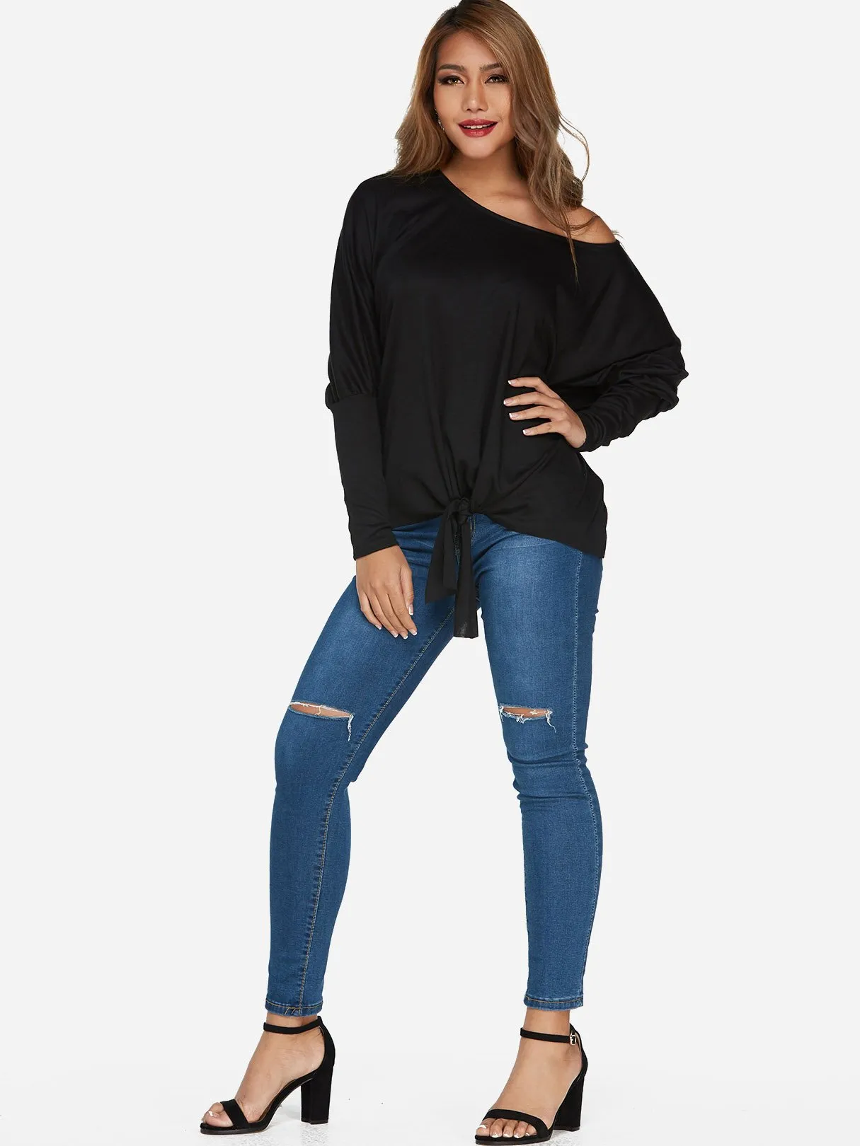 Custom One Shoulder Plain Self-Tie Long Sleeve Top