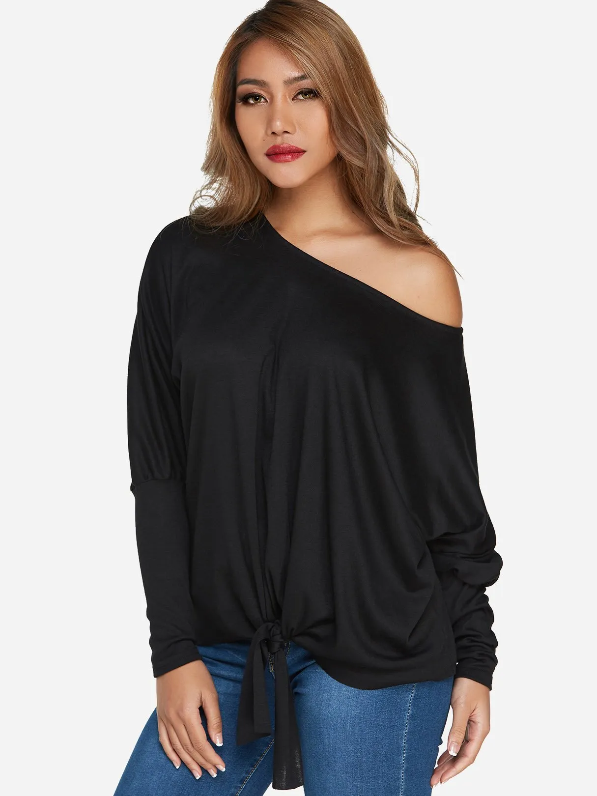 Custom One Shoulder Plain Self-Tie Long Sleeve Top