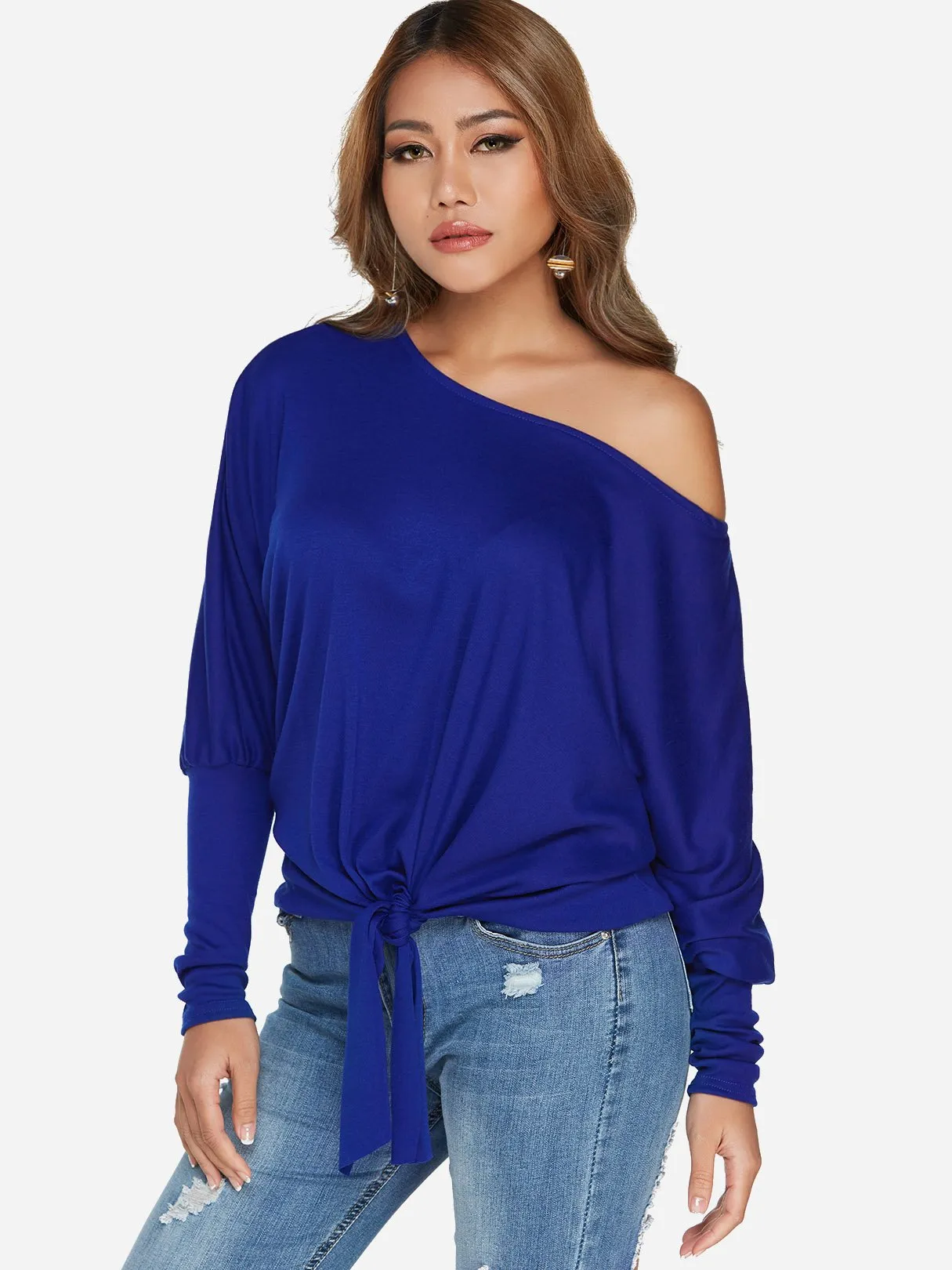 Custom One Shoulder Plain Self-Tie Long Sleeve Top