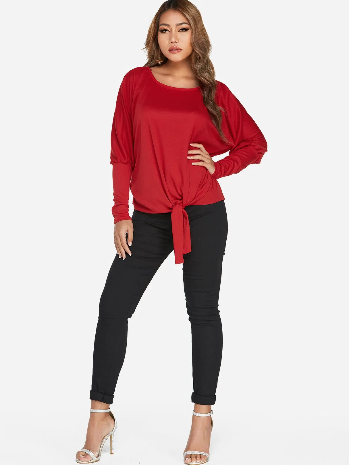 Custom One Shoulder Plain Self-Tie Long Sleeve Top