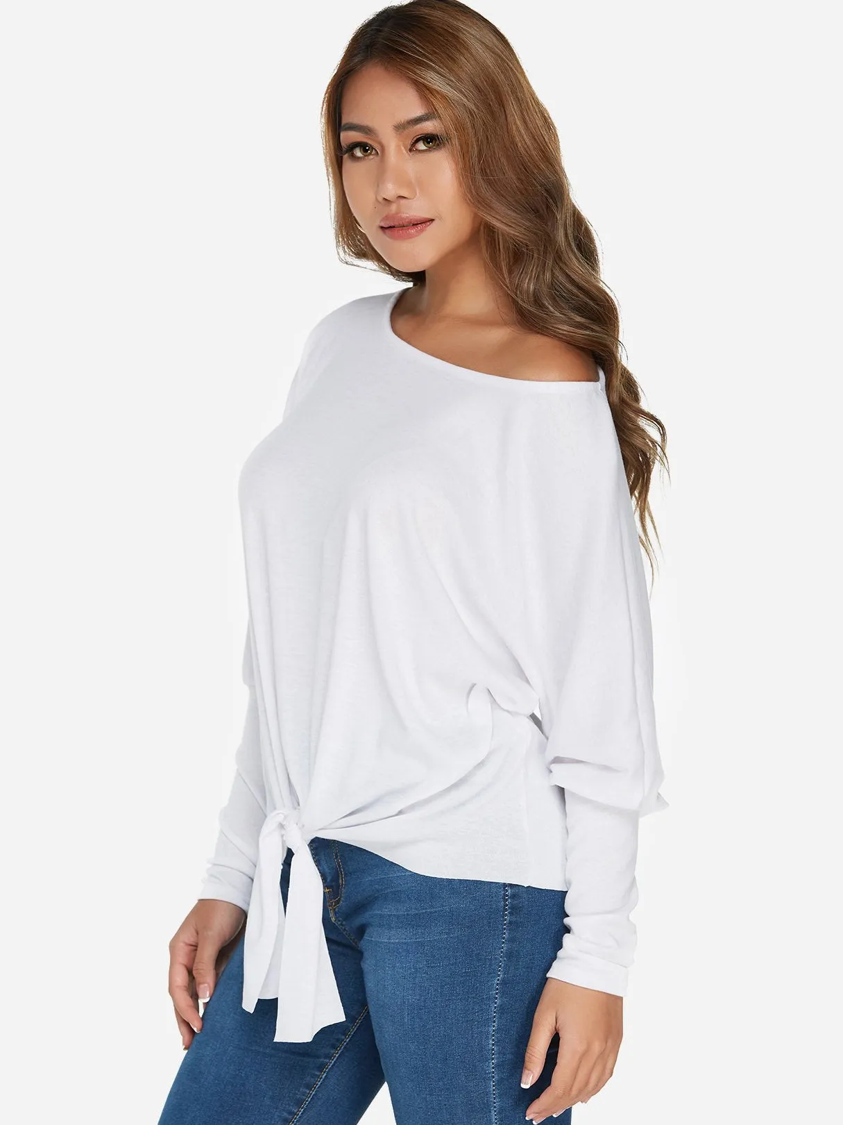 Custom One Shoulder Plain Self-Tie Long Sleeve Top