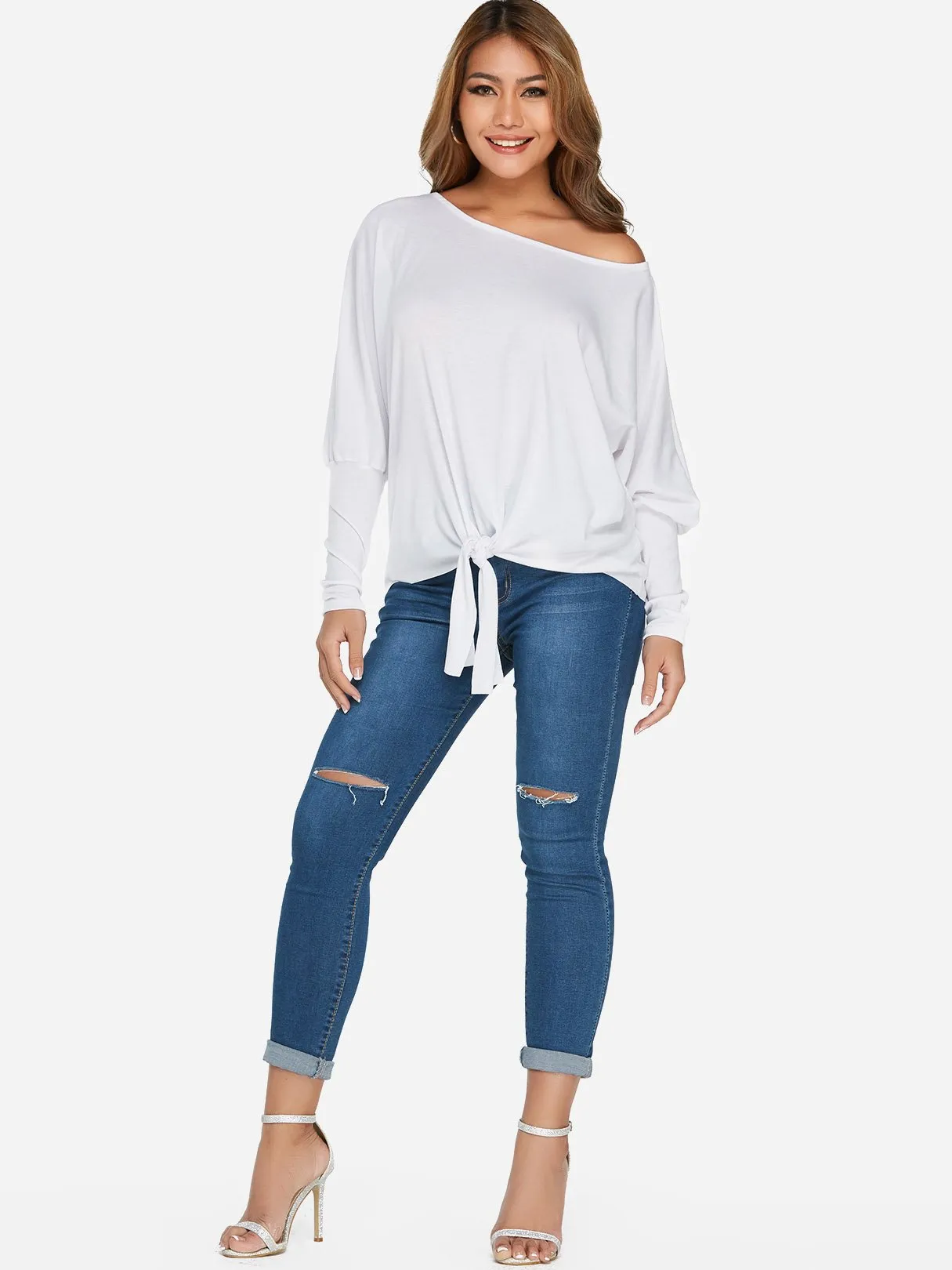 Custom One Shoulder Plain Self-Tie Long Sleeve Top