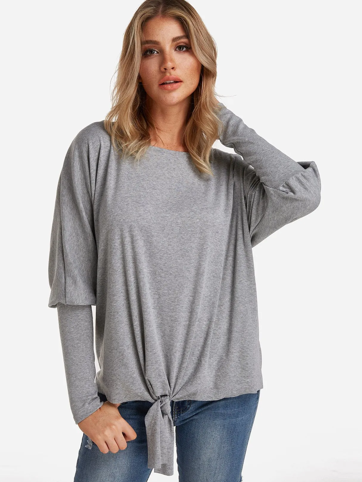 Custom One Shoulder Plain Self-Tie Long Sleeve Top