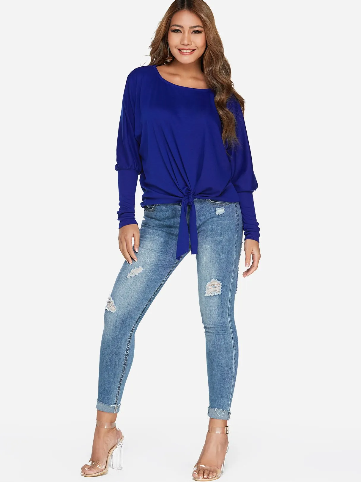 Custom One Shoulder Plain Self-Tie Long Sleeve Top