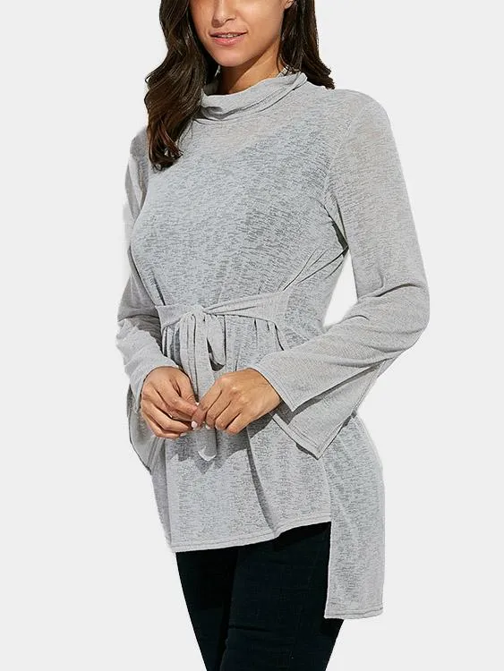 Custom Roll Neck Plain Long Sleeve Grey T-Shirts