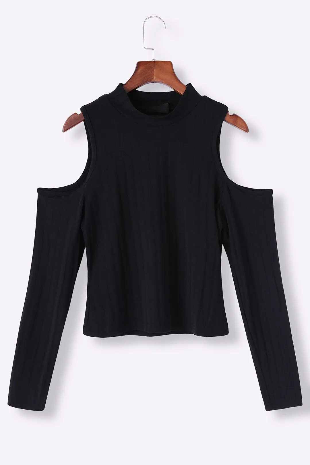 Custom Round Neck Cold Shoulder Plain Cut Out Long Sleeve Black Top