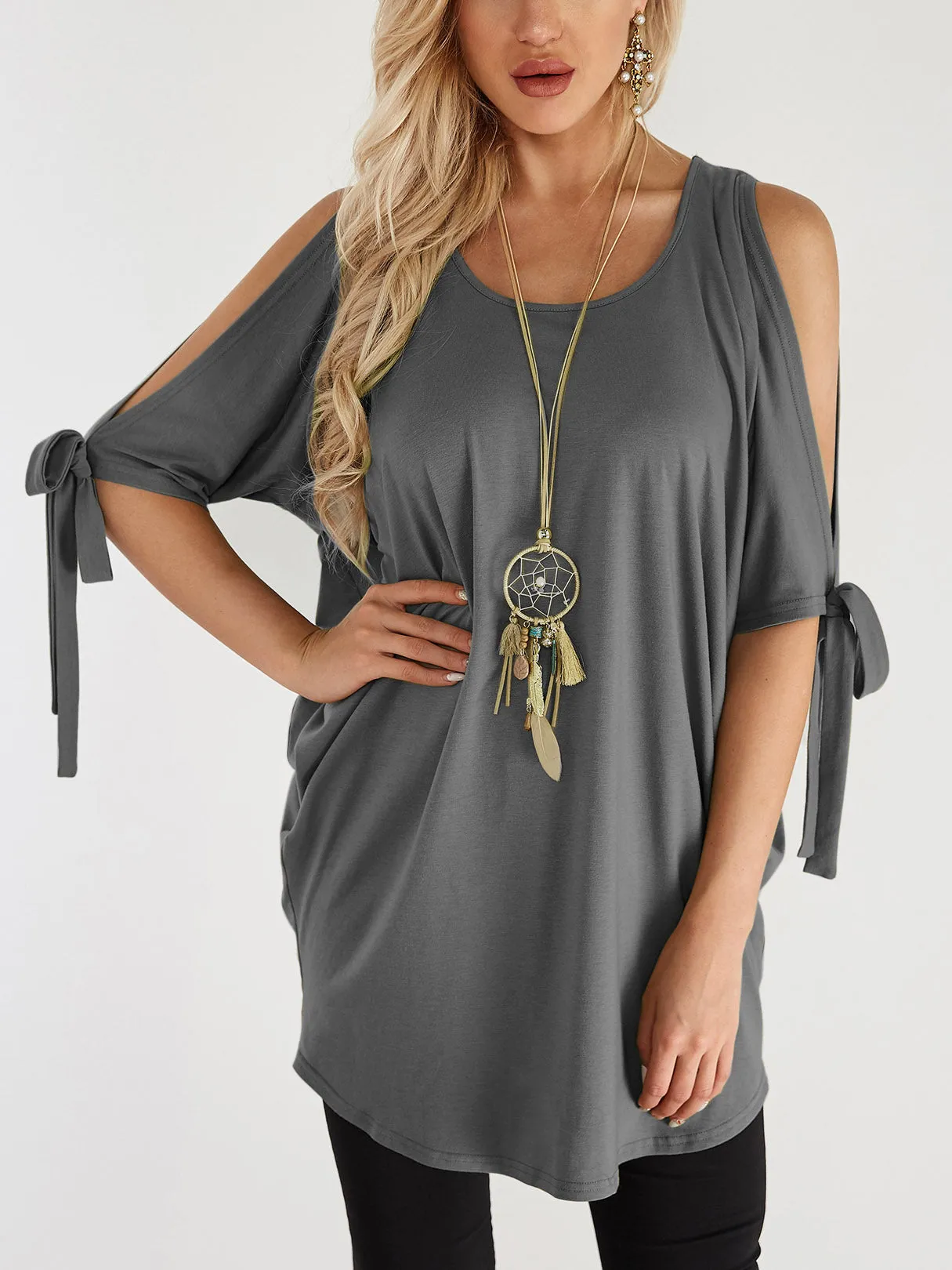 Custom Round Neck Cold Shoulder Plain Lace-Up Cut Out Half Sleeve Curved Hem Grey T-Shirts