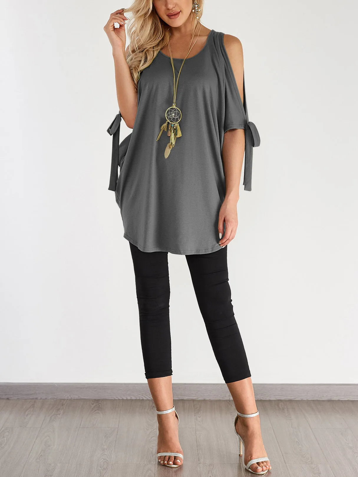 Custom Round Neck Cold Shoulder Plain Lace-Up Cut Out Half Sleeve Curved Hem Grey T-Shirts