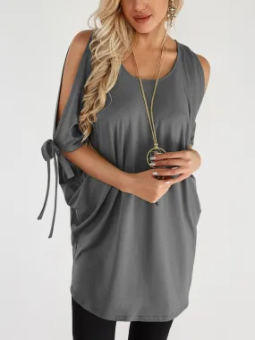 Custom Round Neck Cold Shoulder Plain Lace-Up Cut Out Half Sleeve Curved Hem Grey T-Shirts