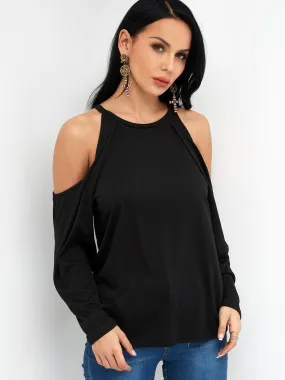 Custom Round Neck Cold Shoulder Plain Long Sleeve Black T-Shirt