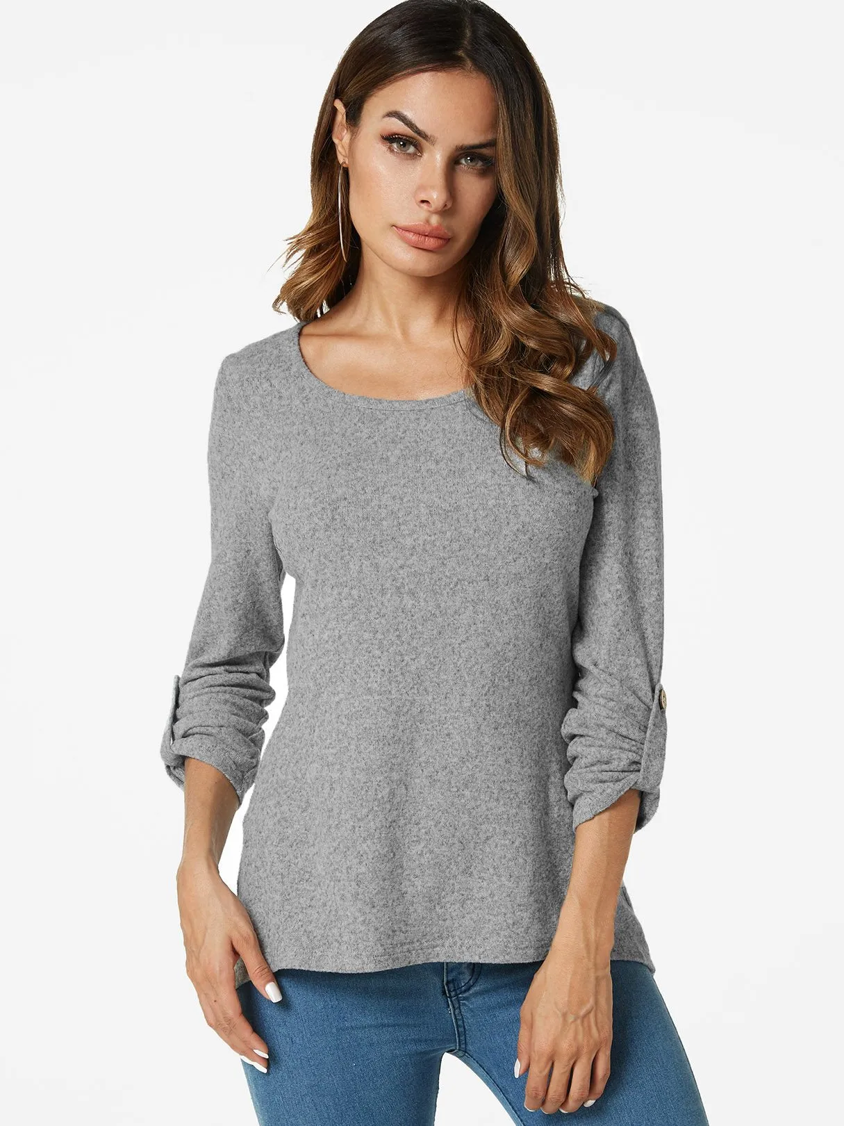 Custom Round Neck Plain Long Sleeve Grey Top