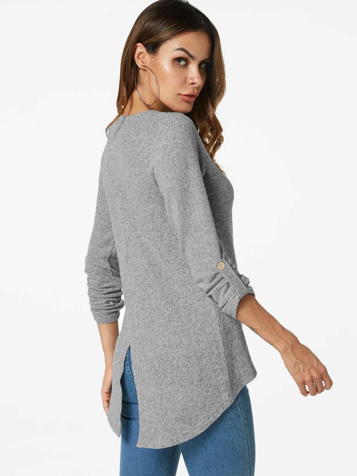 Custom Round Neck Plain Long Sleeve Grey Top