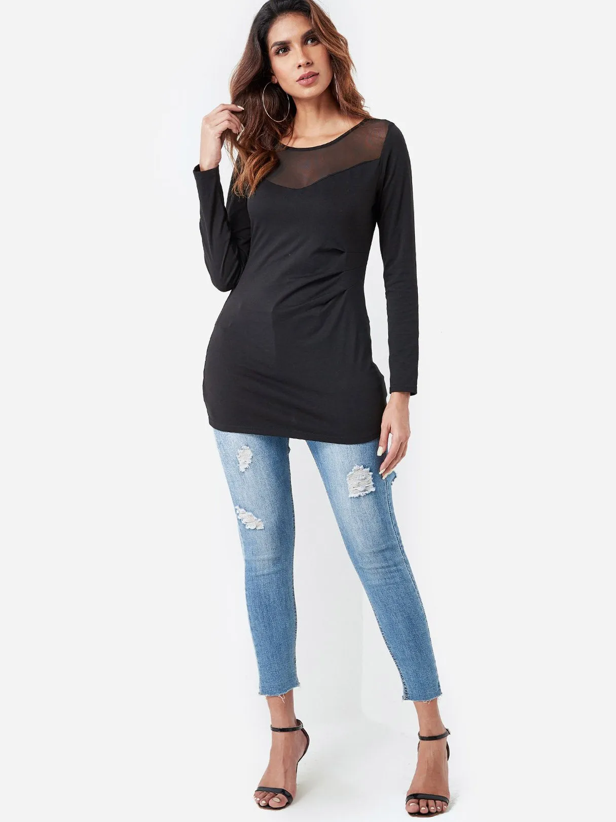 Custom Round Neck Plain Pleated Long Sleeve Black Top