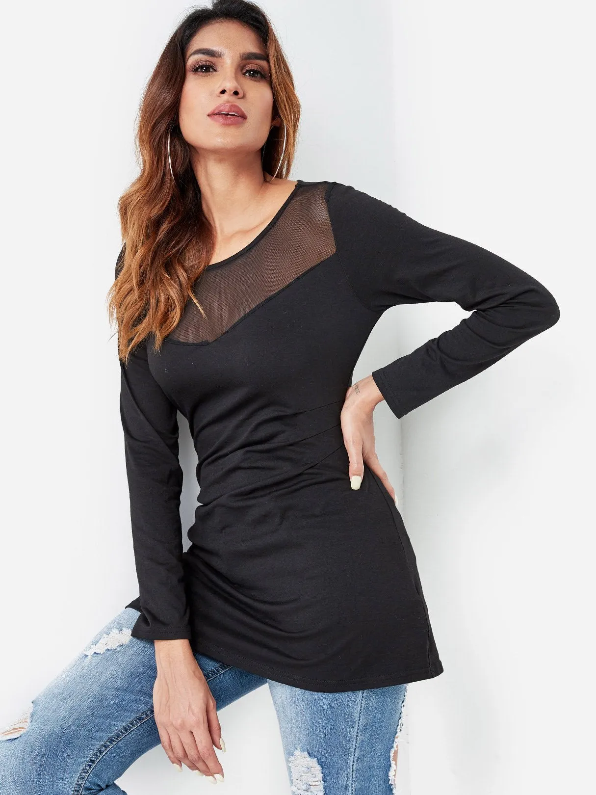 Custom Round Neck Plain Pleated Long Sleeve Black Top