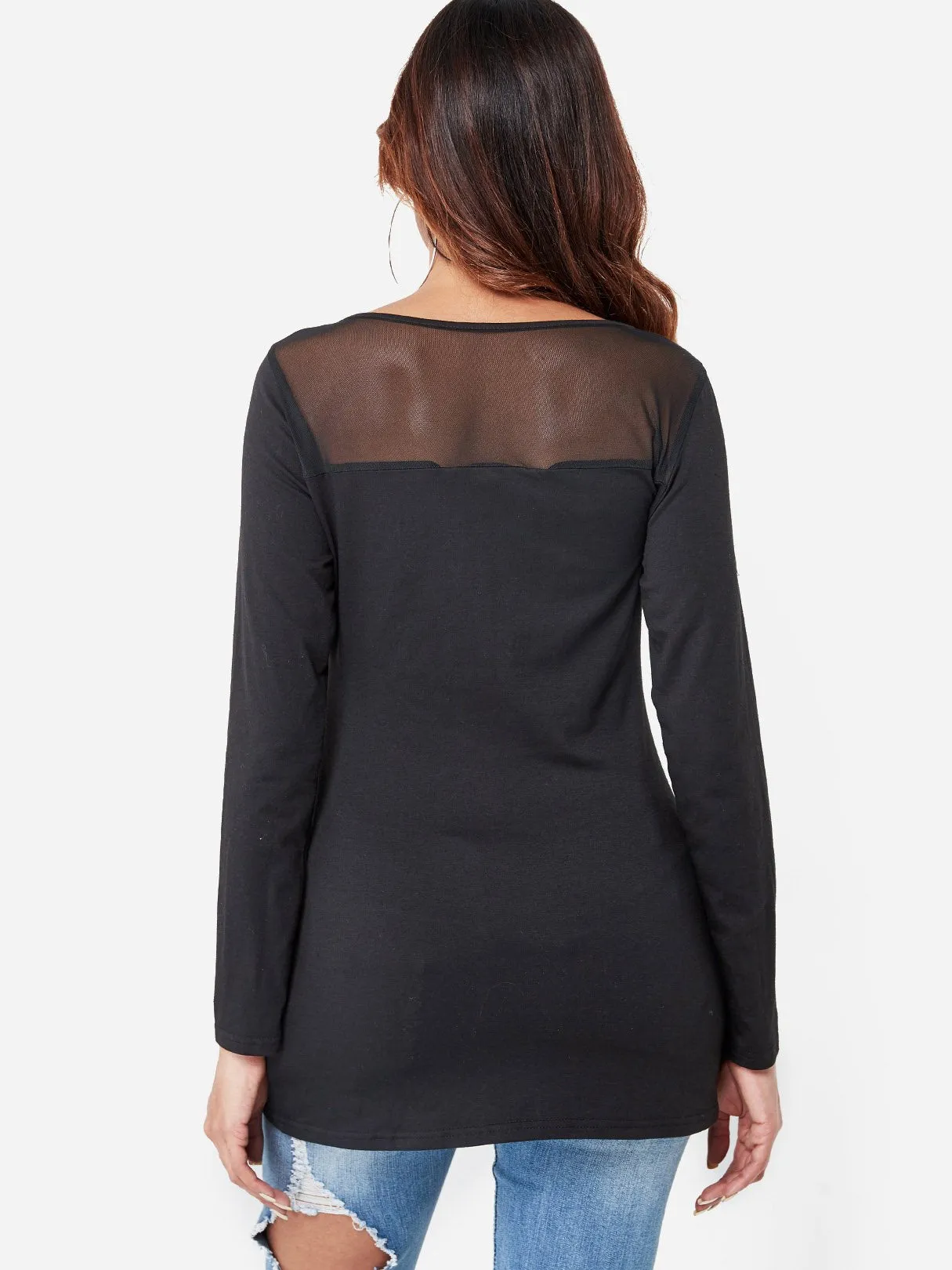 Custom Round Neck Plain Pleated Long Sleeve Black Top