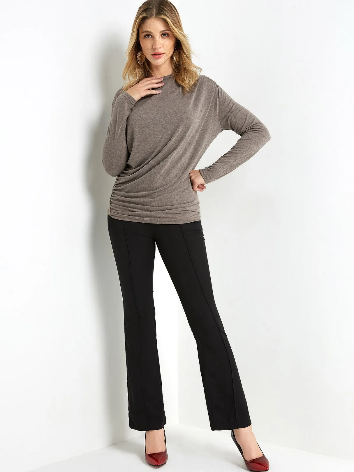 Custom Round Neck Plain Pleated Long Sleeve T-Shirts