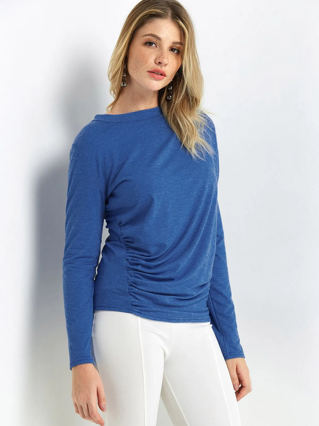 Custom Round Neck Plain Pleated Long Sleeve T-Shirts