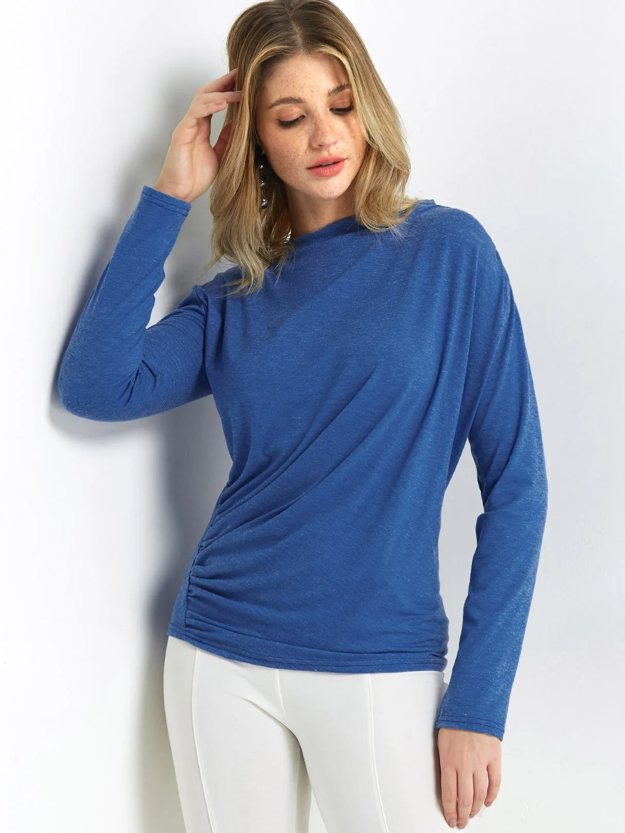 Custom Round Neck Plain Pleated Long Sleeve T-Shirts