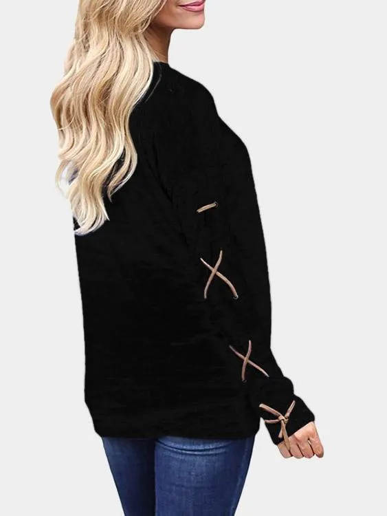 Custom Round Neck Plain Side Pockets Lace-Up Long Sleeve Black T-Shirts