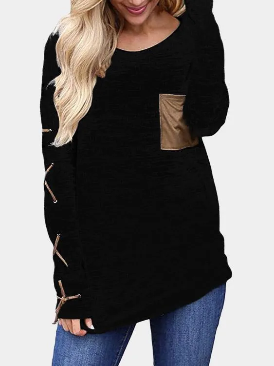 Custom Round Neck Plain Side Pockets Lace-Up Long Sleeve Black T-Shirts