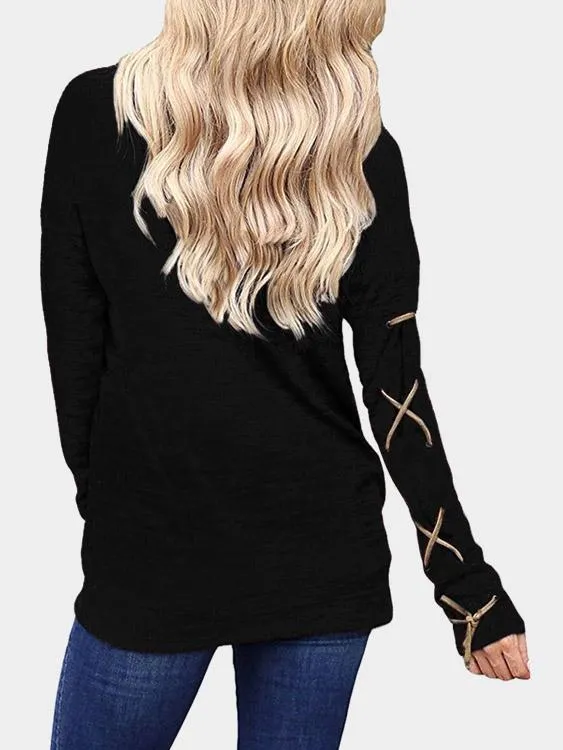 Custom Round Neck Plain Side Pockets Lace-Up Long Sleeve Black T-Shirts