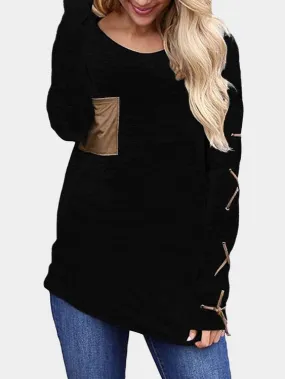 Custom Round Neck Plain Side Pockets Lace-Up Long Sleeve Black T-Shirts