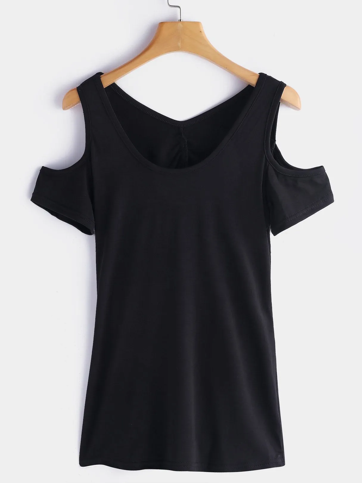 Custom Scoop Neck Cold Shoulder Plain Hollow Cut Out Pleated Short Sleeve Black T-Shirts