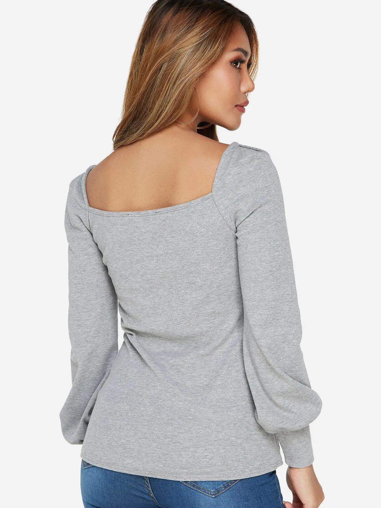 Custom Square Neck Plain Crossed Front Long Sleeve Grey T-Shirts