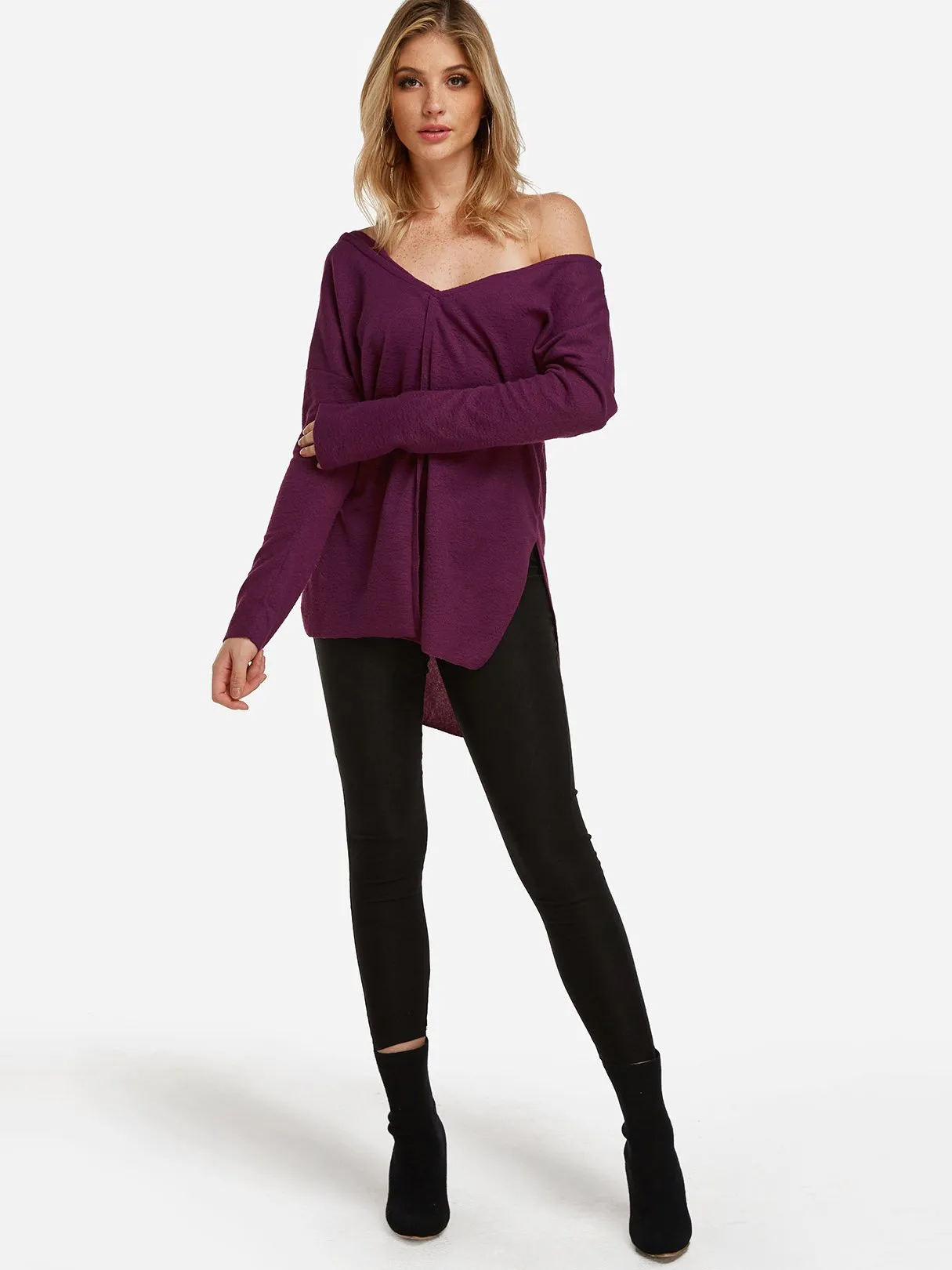 Custom V-Neck One Shoulder Plain Slit Long Sleeve High-Low Hem Purple T-Shirts