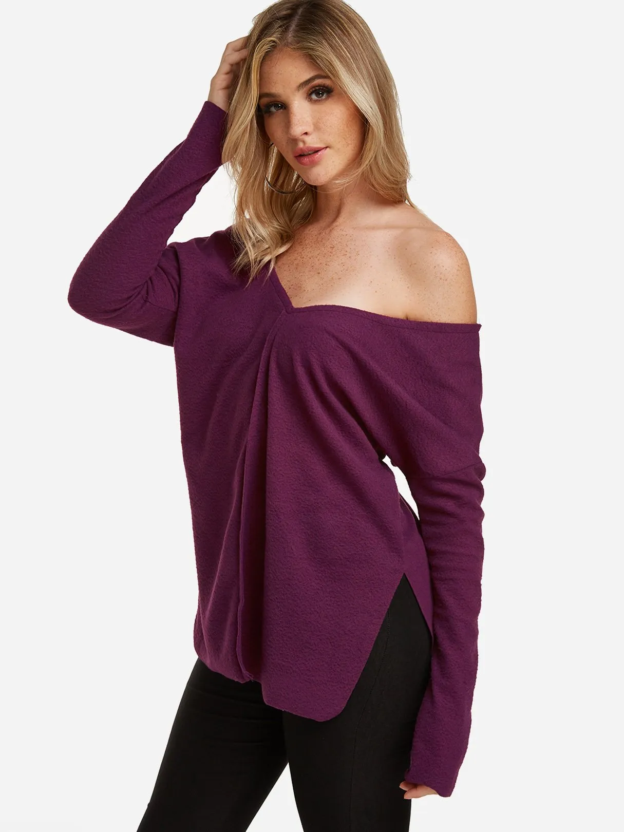 Custom V-Neck One Shoulder Plain Slit Long Sleeve High-Low Hem Purple T-Shirts