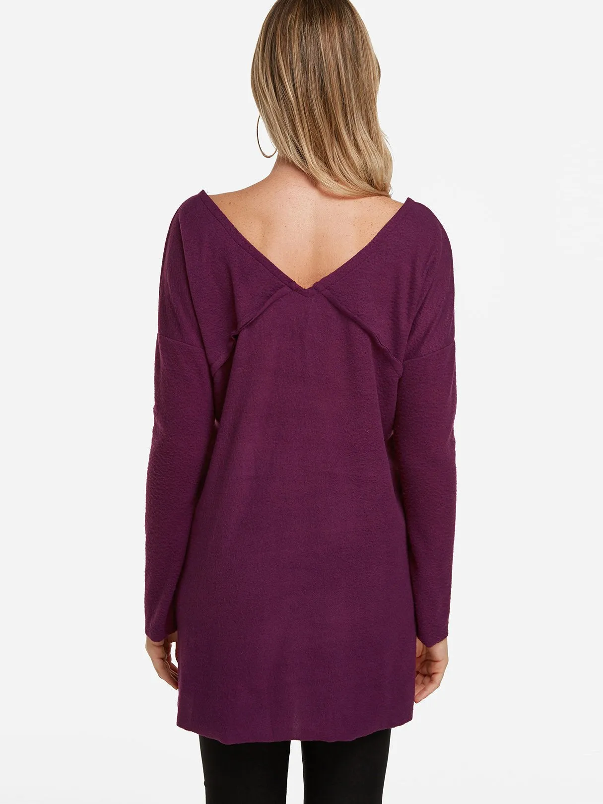 Custom V-Neck One Shoulder Plain Slit Long Sleeve High-Low Hem Purple T-Shirts