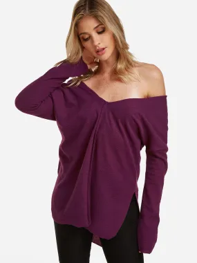 Custom V-Neck One Shoulder Plain Slit Long Sleeve High-Low Hem Purple T-Shirts