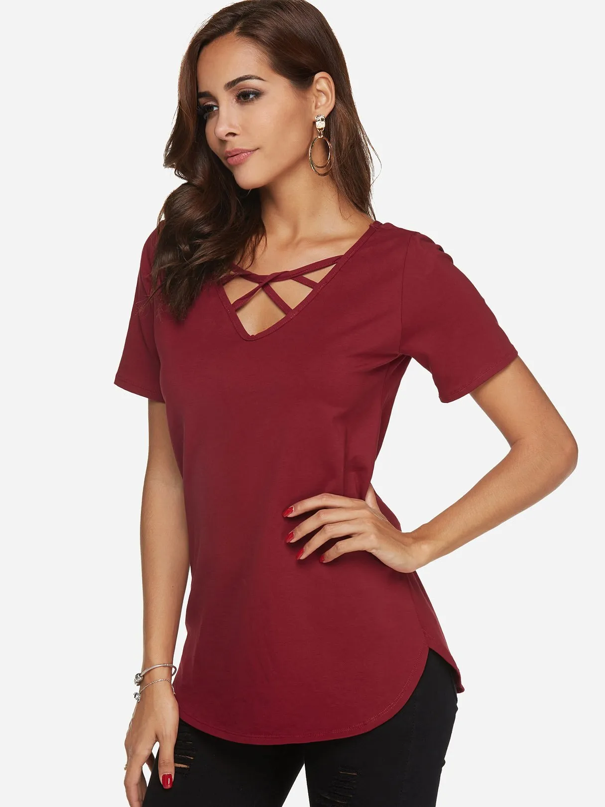 Custom V-Neck Plain Crossed Front Short Sleeve Curved Hem Burgundy T-Shirts