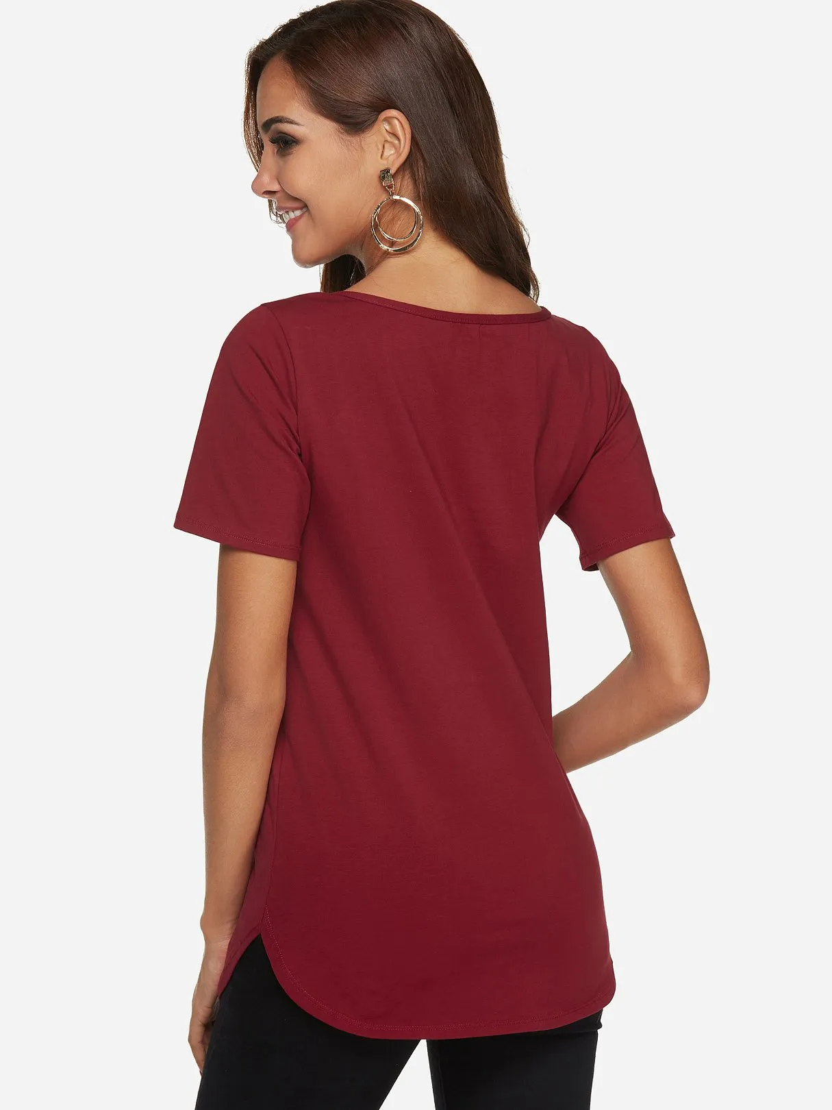 Custom V-Neck Plain Crossed Front Short Sleeve Curved Hem Burgundy T-Shirts